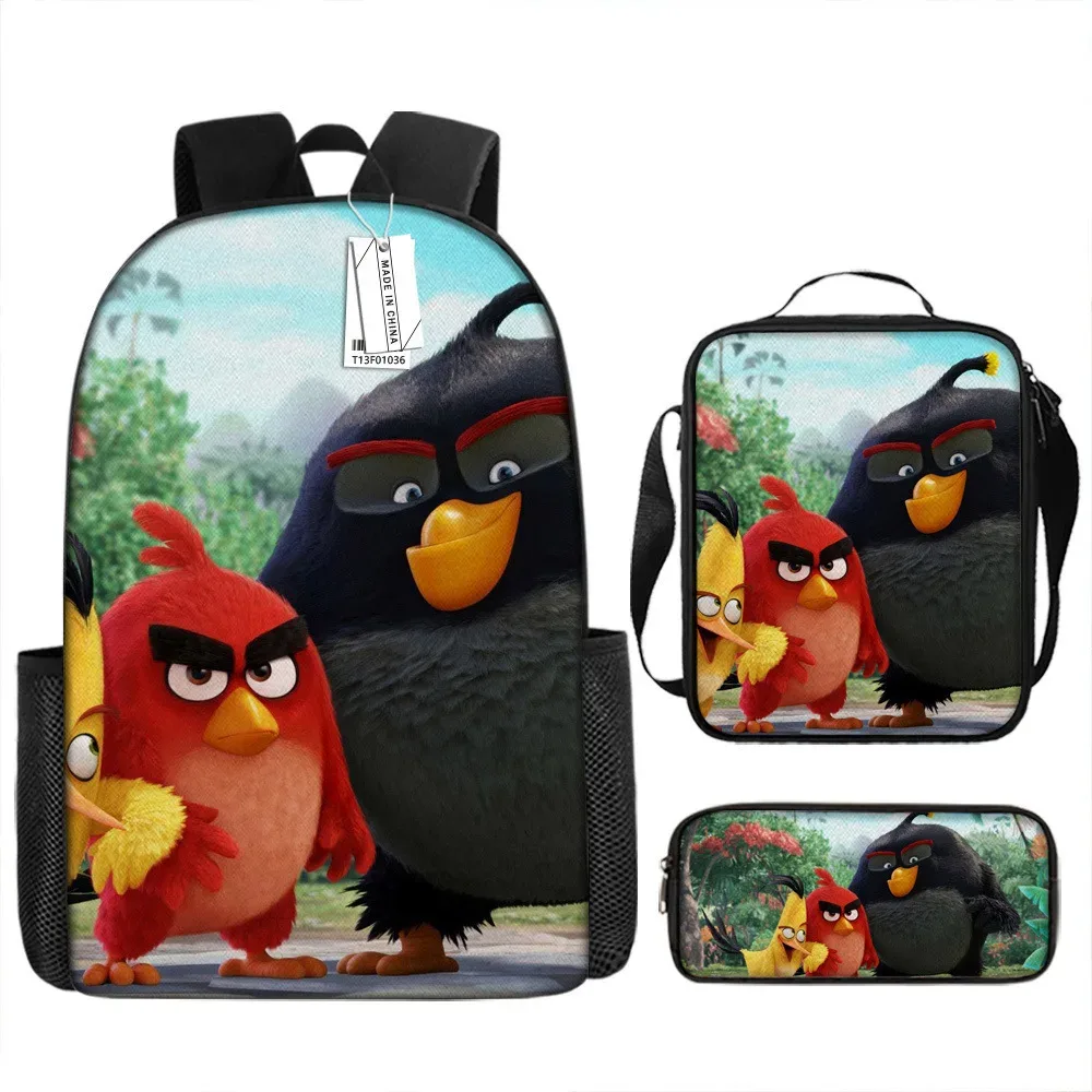 sacs d'école de luxe originaux et cool avec impression 3d angry birds, 3 pièces/ensemble, sac à dos pour ordinateur portable, sac à déjeuner, trousse à crayons