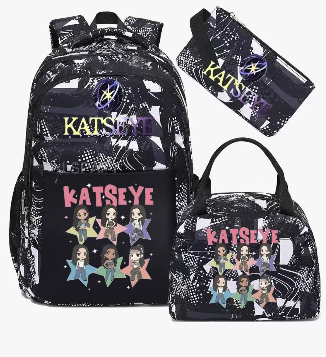 sacs d'école imprimés fashion katseye, ensemble de 3 pièces, sac à dos pour l'école primaire, garçons et filles, sac à dos de sport avec sac à lunch et trousse à crayons