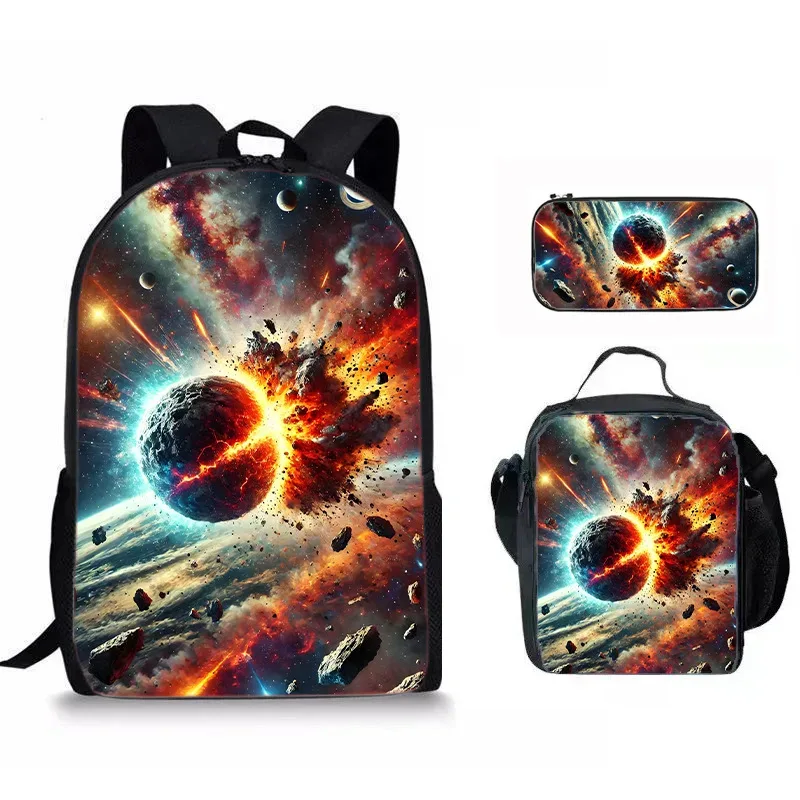 sacs de voyage pour étudiants, sac à dos pour ordinateur portable, sac à déjeuner, trousse à crayons, imprimé 3d hip hop youthful novelty space planet, 3 pièces/ensemble