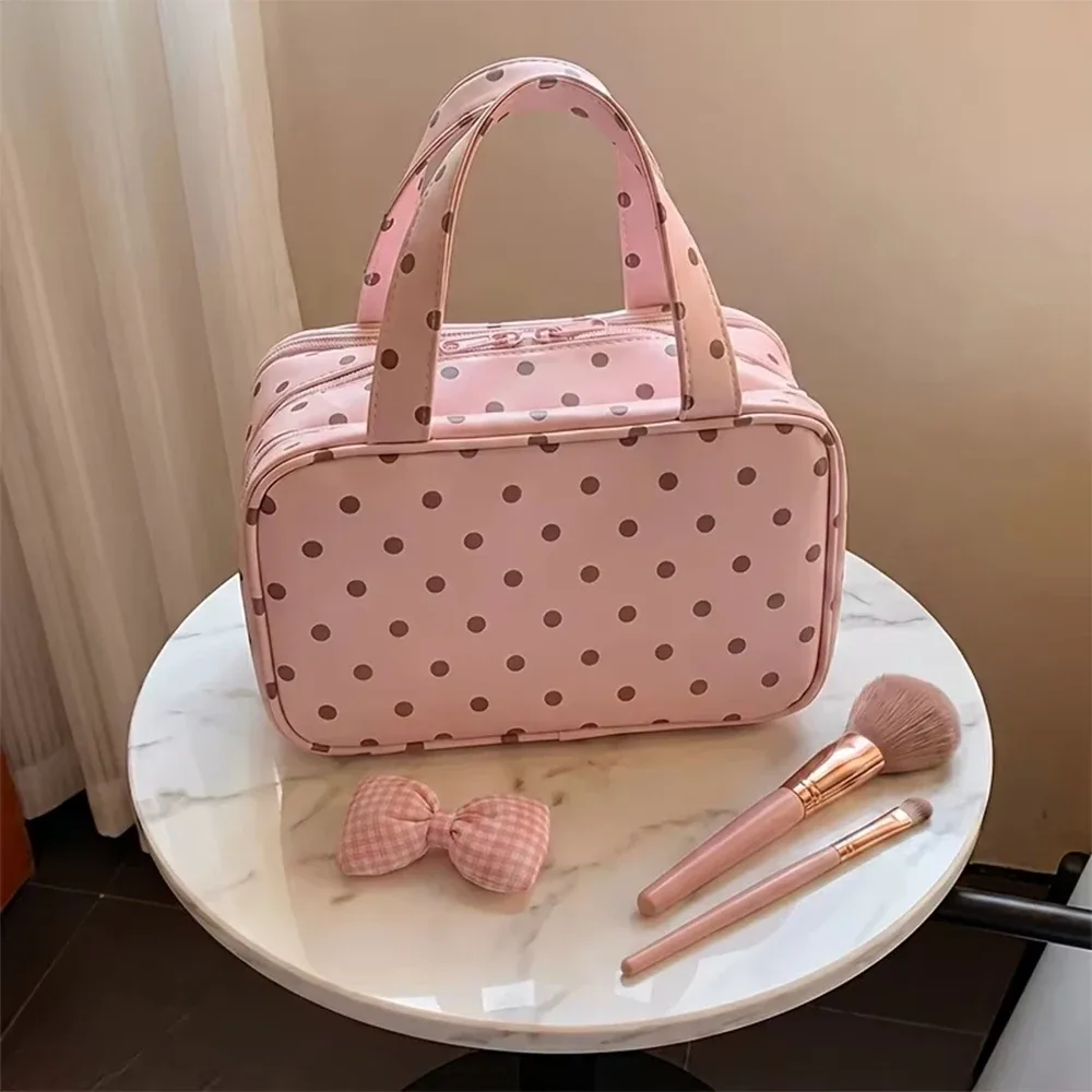 sac de maquillage à pois mignon, trousse de toilette de voyage grande capacité, sac cosmétique multi-poches à 3 niveaux pour les soins de la peau et les pinceaux cosmétiques
