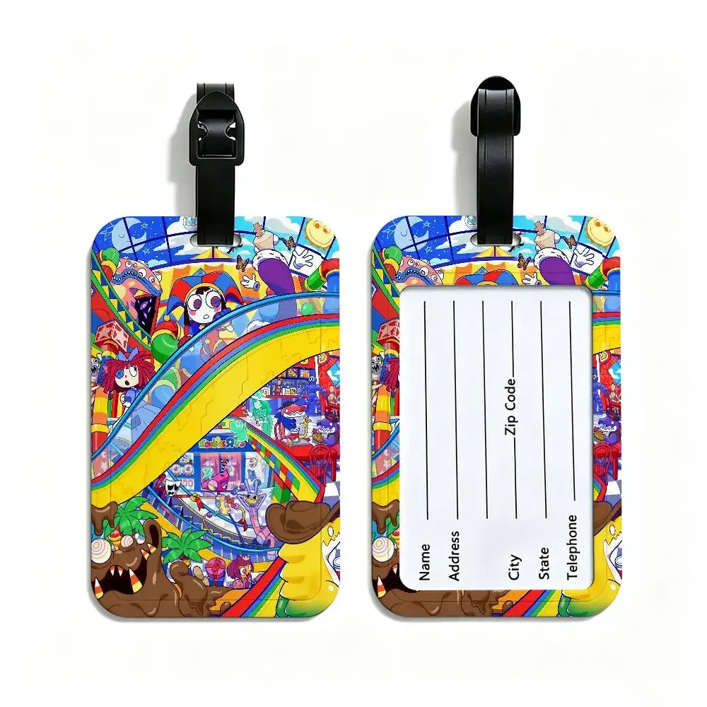 étiquette de bagage en pvc, motif de dessin animé "le cirque numérique incroyable", accessoire de voyage, design anti-perte, pochette détachable pour carte d'information.