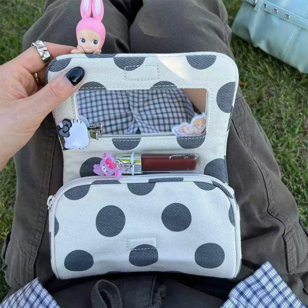 trousse de maquillage portable en toile à pois avec miroir, sac cosmétique rose rayé à fermeture éclair, pochette de voyage pour articles de toilette