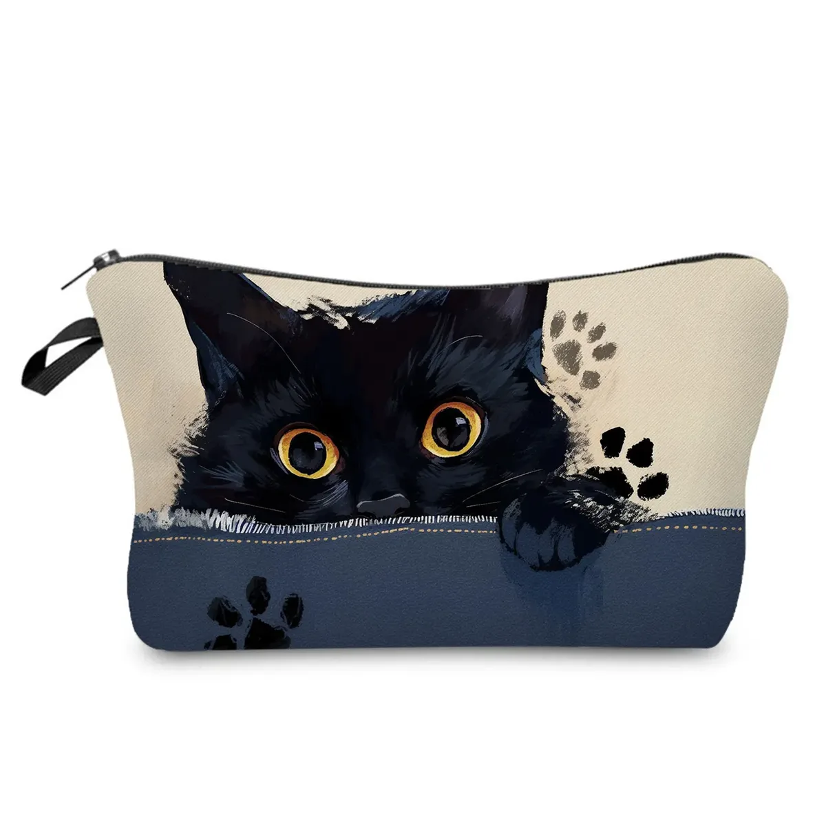 sacs de maquillage college chat noir pour femmes, sacs de rangement portables de voyage, impression d'animaux kawaii décontractés, sacs à cosmétiques double face avec fermeture éclair