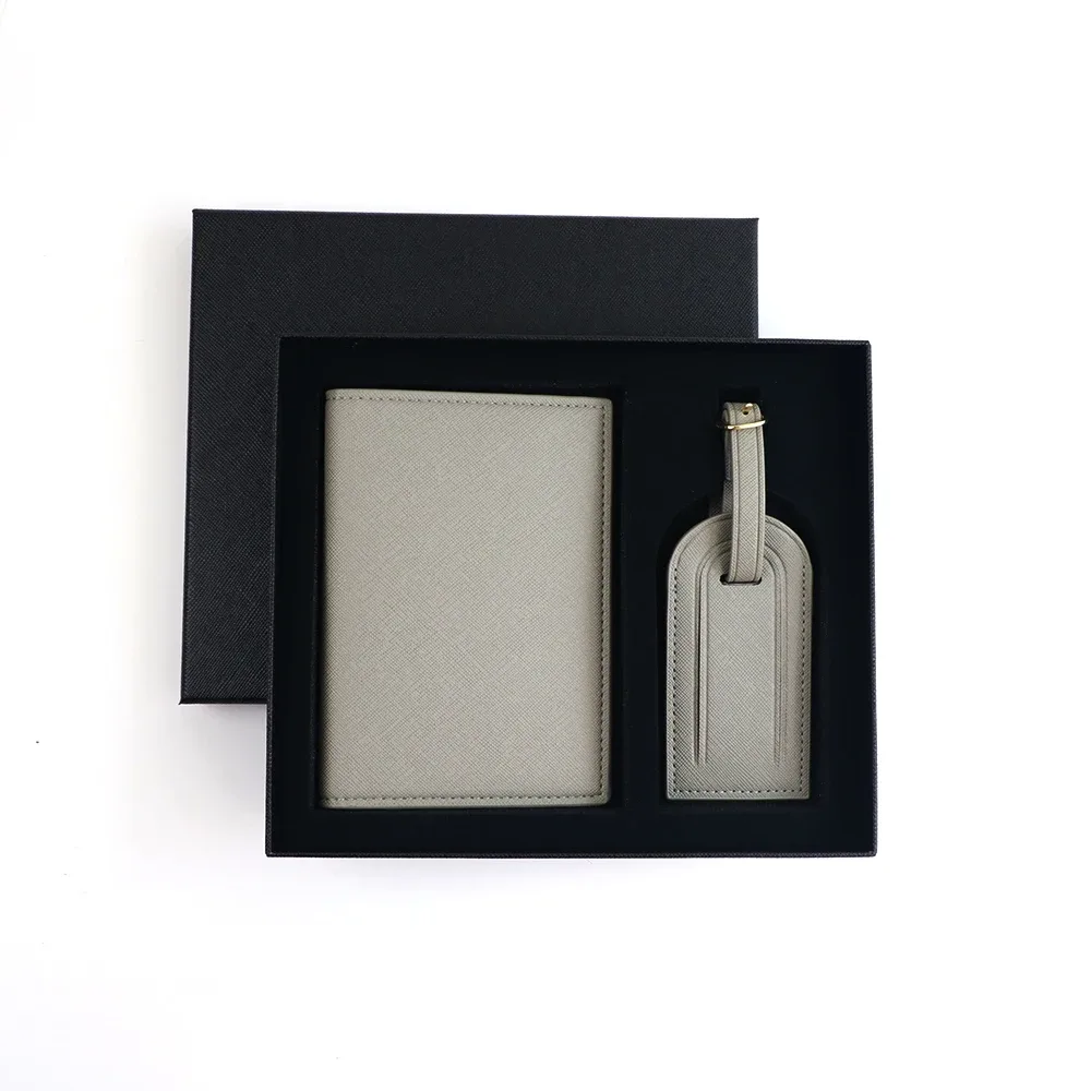 ensemble personnalisé avec nom, porte-passeport et étiquette de bagage en cuir pu safiano unisexe, coffret cadeau