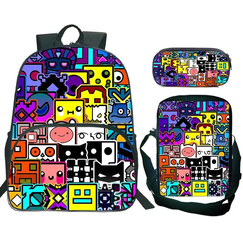 ensemble de 3 sacs à dos cartoon geometry dash pour garçons et filles, sac d'école de grande capacité, sac de voyage, sac à bandoulière pour enfants, sac à crayons