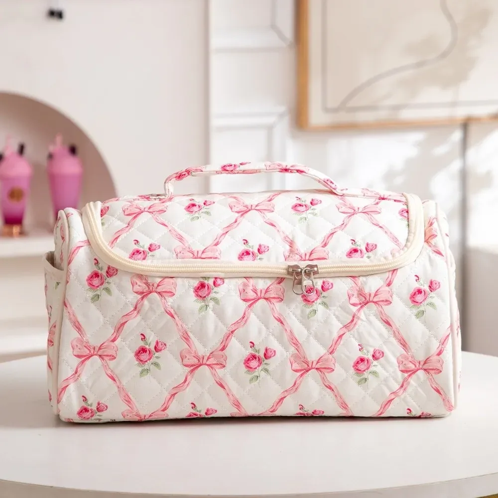 trousse de toilette tendance matelassée, trousse à maquillage portable avec nœud, sac de voyage grande capacité de haute qualité pour sèche-cheveux pour femme
