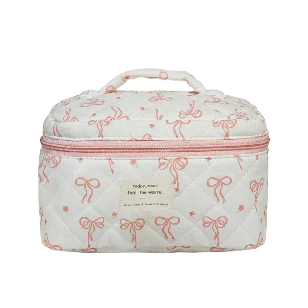 sac à cosmétiques de style coréen, sacs de rangement de voyage à fermeture éclair multi-tailles, sac matelassé de maquillage à carreaux avec nœud rose pour femmes et filles