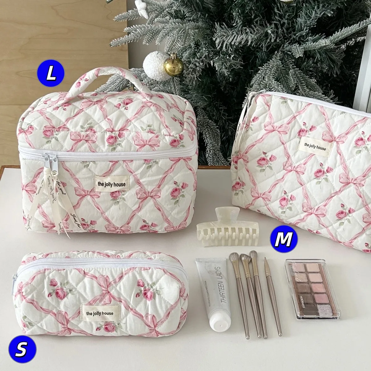 sac de rangement pour cosmétiques en coton matelassé, trousse de toilette de voyage portable, trousse de maquillage à pois vert menthe, grande capacité, style ins