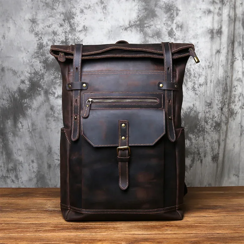 sac à dos vintage en cuir véritable pour homme nzpj, sacoche pour ordinateur en cuir crazy horse, sac à dos de voyage en cuir de vachette pleine fleur naturel