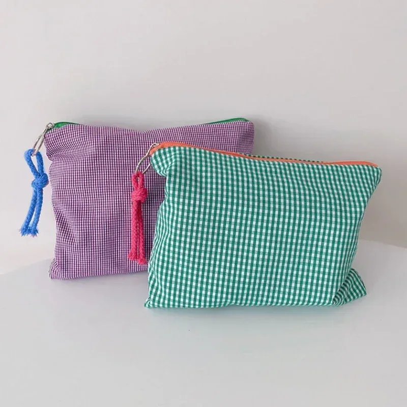 sac de maquillage à carreaux pour femmes et filles, sac à cosmétiques en coton et lin avec pochette à fermeture éclair, sac de rangement simple et portable de grande capacité à la mode
