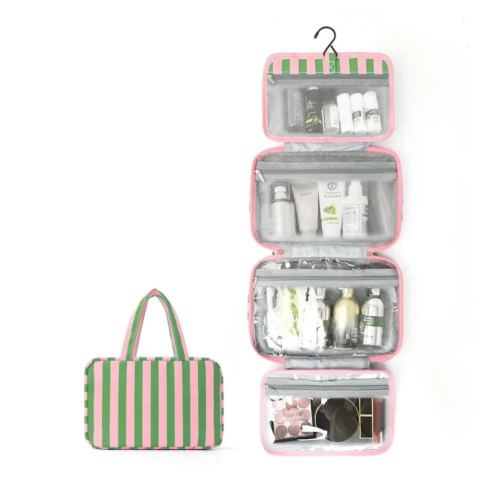 trousse de toilette de voyage suspendue portable rayée avec crochet, sac de maquillage pliable 4 volets grande capacité, organisateur cosmétique de voyage