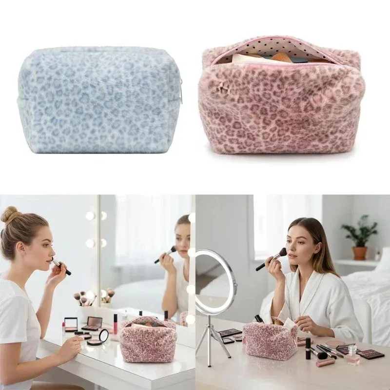 trousse de maquillage coréenne à imprimé léopard fauve, trousse de toilette de voyage portable en peluche moelleuse, organisateur de grande capacité pour femmes, pochette à papeterie