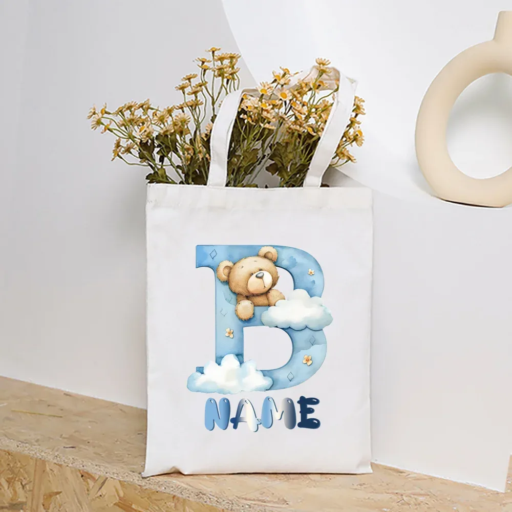 sacs fourre-tout en toile college nuage ours et alphabet personnalisés, sacs à main personnalisés de grande capacité, cadeaux de portabilité pour la rentrée scolaire