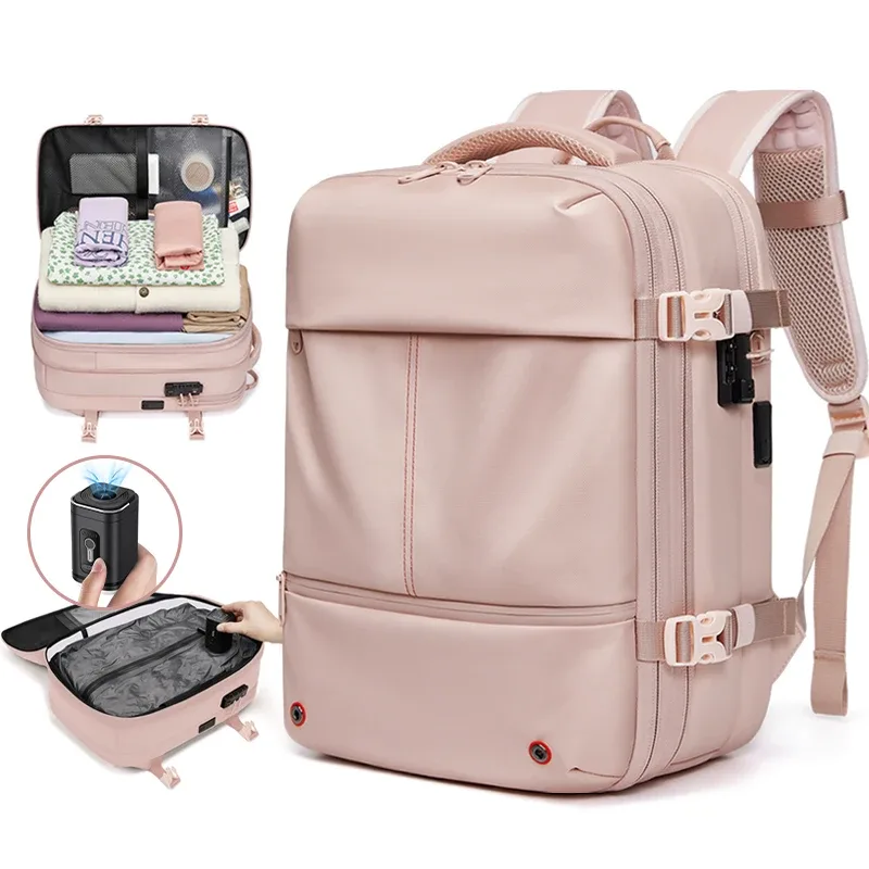 Sac à dos de voyage pour femmes, sac à dos pour ordinateur portable de 16 pouces, compression sous vide, chargeur USB, sac à dos d'école, sac à dos de randonnée étendu, sac à dos d'affaires