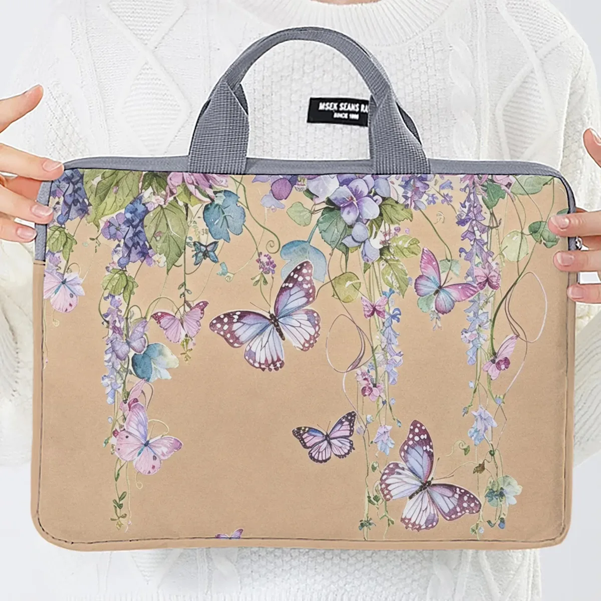 un ensemble, deux styles, sacoche pour ordinateur portable imprimée avec motif glycine et papillon, adaptée aux ordinateurs portables de 14 pouces