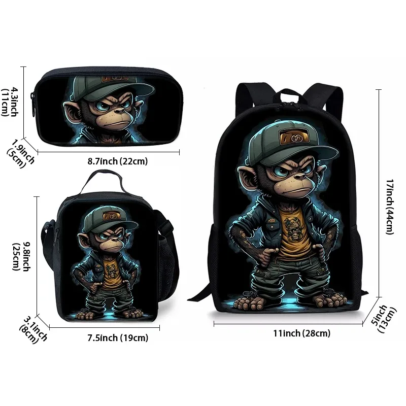 Ensemble de sacs à dos en trois parties pour garçons et filles, motif animal de dessin animé singe, meilleurs cadeaux, sac à dos scolaire plat 2D pour enfants