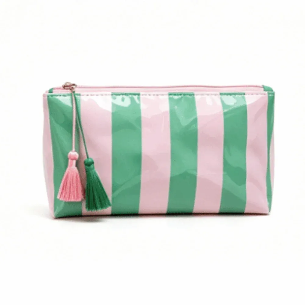 trousse de toilette imperméable rayée grande capacité en polyester avec doublure pvc, sac de rangement de plage simple avec pendentif pompon