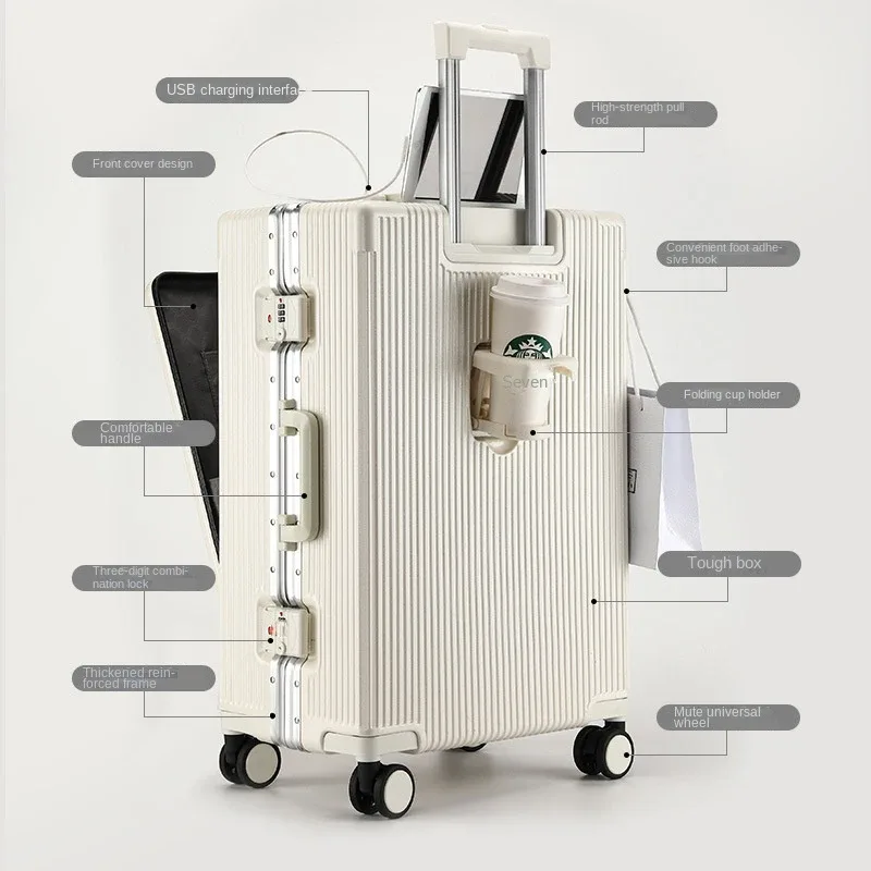 20/24 pouces le nouveau bagage multifonctionnel cadre en aluminium boîtier de chariot avec porte-gobelet usb grande capacité boîte d'embarquement valise