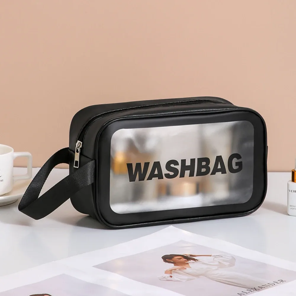 trousse de toilette de voyage portable en pu transparent pour hommes et femmes, sac de maquillage imperméable avec fermeture éclair et poignée pour l'aéroport et la salle de bain