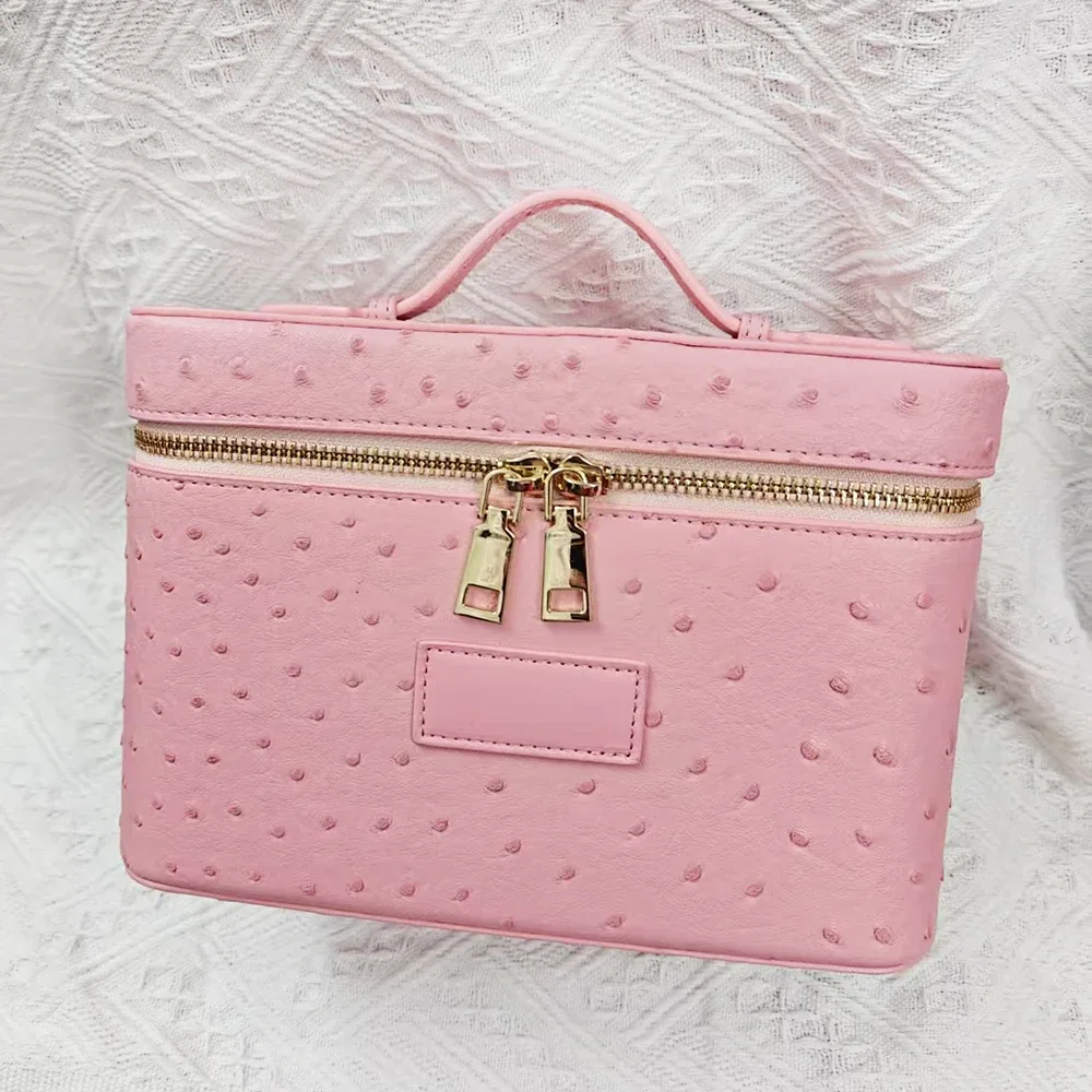 trousse de maquillage de luxe en simili plumes d'autruche pour femme, sac de voyage personnalisable grande capacité avec poignée, organisateur cosmétique