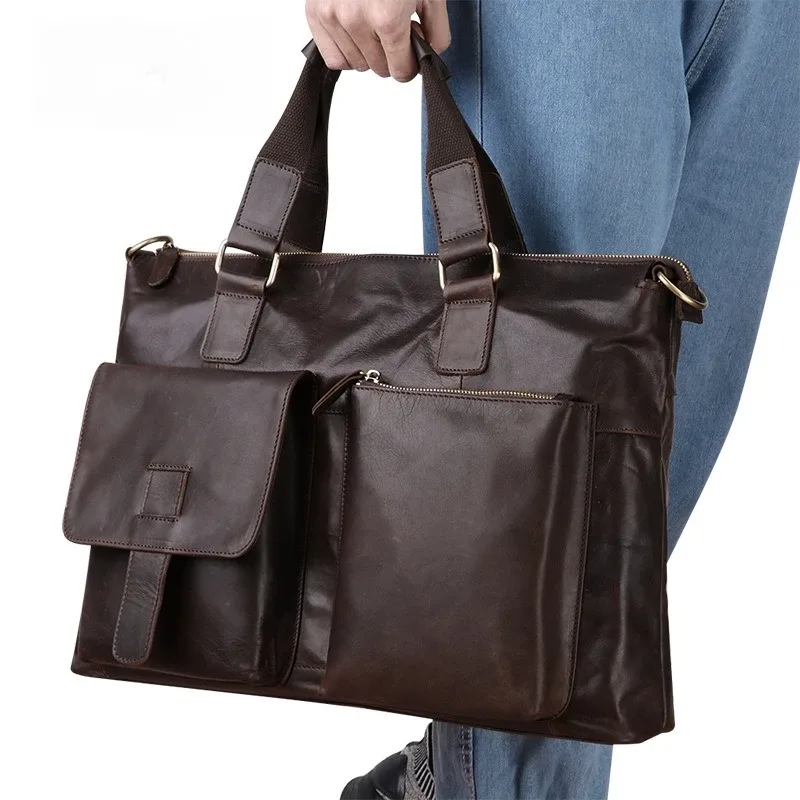 porte-documents d'affaires en cuir véritable pour hommes, sac pour ordinateur portable de 17 pouces, épaule horizontale, couche supérieure en peau de vache