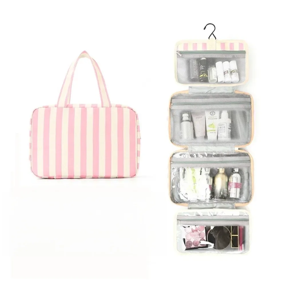 trousse de toilette de voyage suspendue portable rayée avec crochet, sac de maquillage pliable 4 volets grande capacité, organisateur cosmétique de voyage