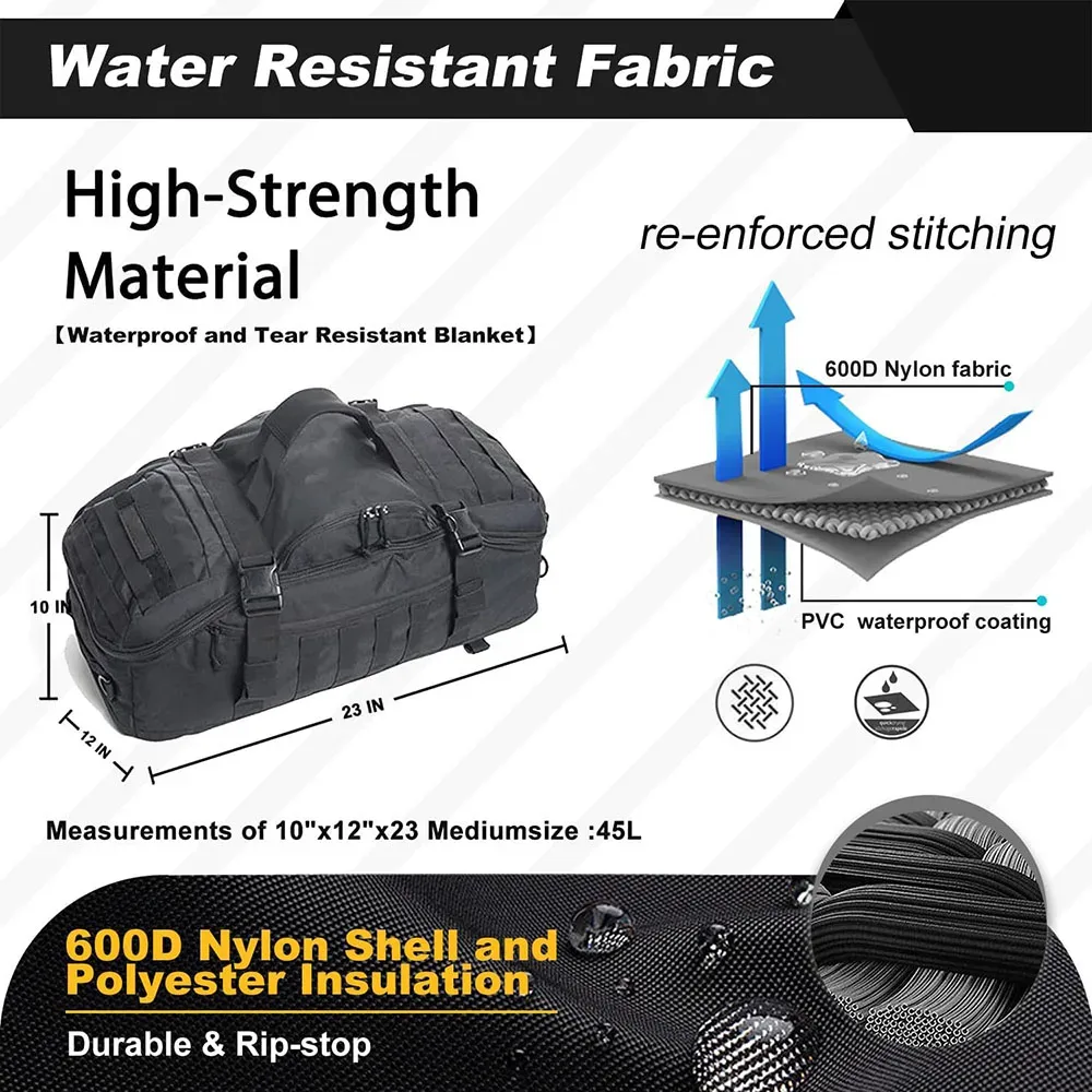 sac à dos tactique 3-en-1, sac de voyage, sac de sport grande capacité, sac à bandoulière imperméable pour la randonnée, le camping et la gym
