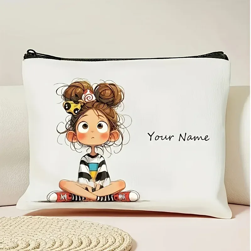 pochette à maquillage vintage personnalisée avec motif de fille mignonne, trousse de toilette, trousse à crayons, sac cosmétique pour cadeau de vacances