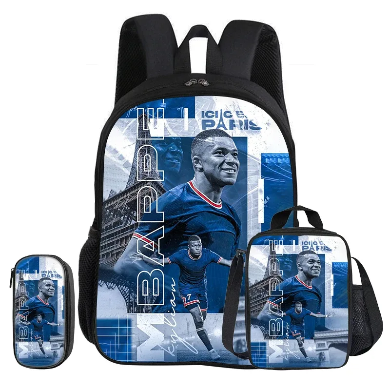 m-mbappe – ensemble de 3 pièces, sac à dos d'école, sac à dos pour enfant, étoile du football, sacs à crayons, sac à livres avec sac à déjeuner, sac à dos de sport, cadeau pour enfants