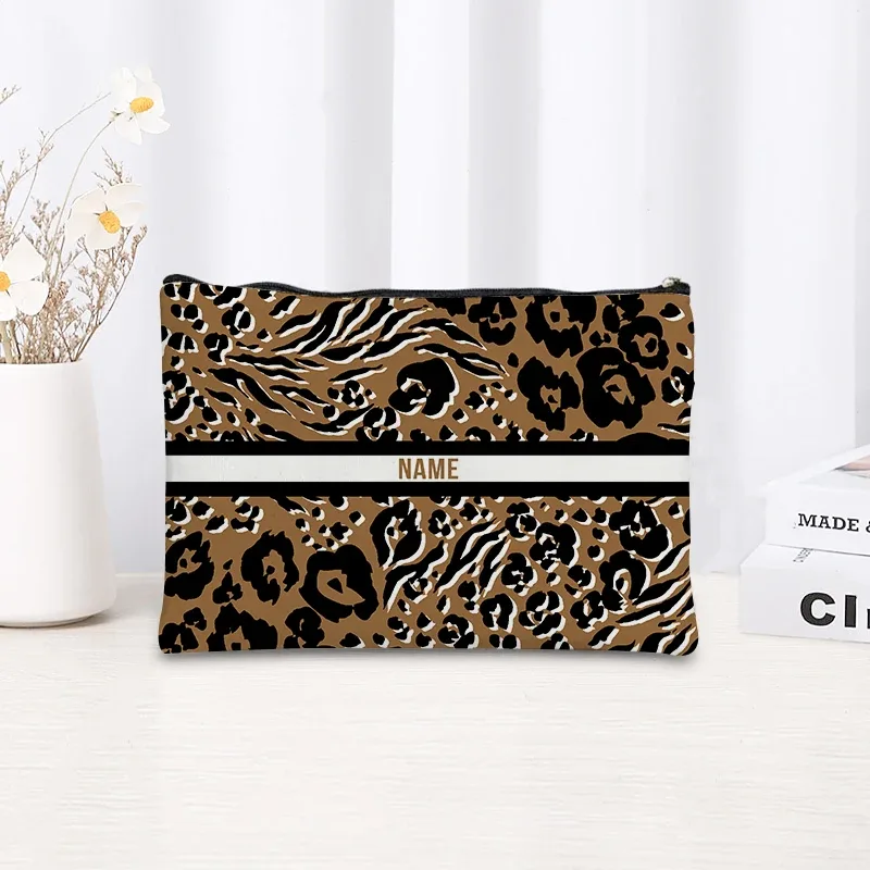 trousse de maquillage à motif léopard et tigre, trousse de toilette cosmétique essentielle pour les voyages, cadeau d'anniversaire ou de vacances avec nom personnalisé, trousse de maquillage