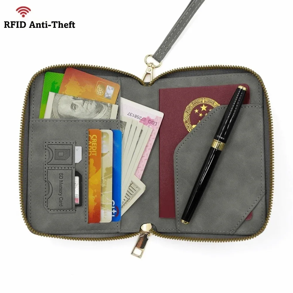 portefeuille de voyage multifonctionnel en pu avec protection rfid, couleur unie, anti-magnétique, fermeture éclair, sac de rangement pour documents, unisexe