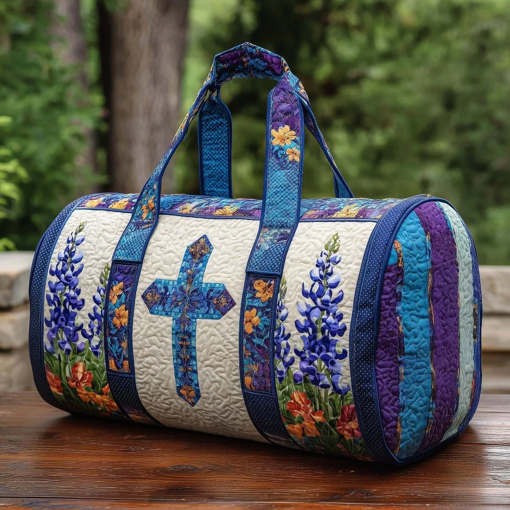 sac de voyage cylindrique en toile matelassée 3d avec motif floral bleu croisé, style cottagecore, pour voyage, gym, yoga, nuit, extérieur