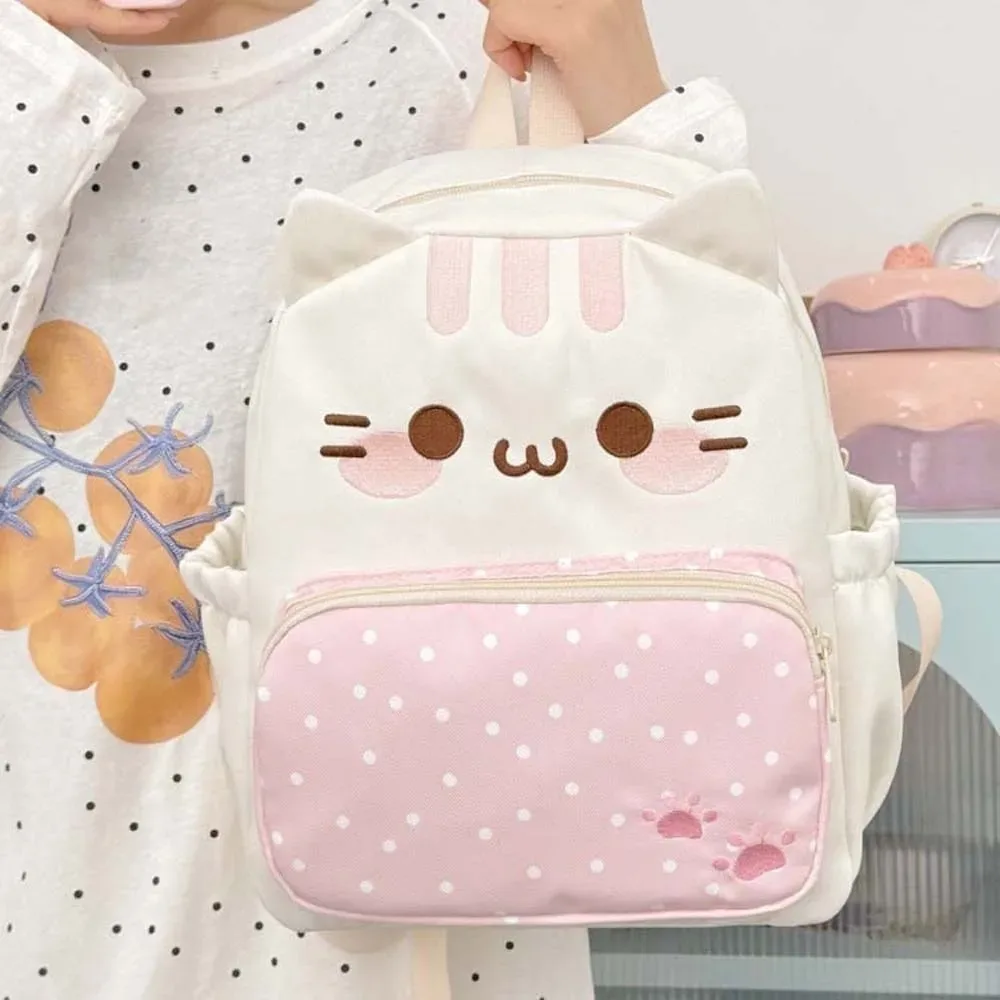 sac à dos pour chat de style japonais, grande capacité, design avec oreilles 3d, sac à dos kawaii léger, bretelles réglables, sac à dos à pois.