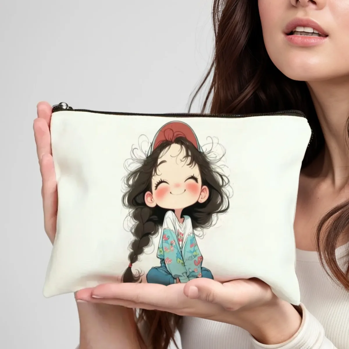 fille avec cheveux bouclés dans un chapeau trousse de maquillage trousse à cosmétiques portable légère avec fermeture à glissière idéale pour les femmes cadeaux de noël