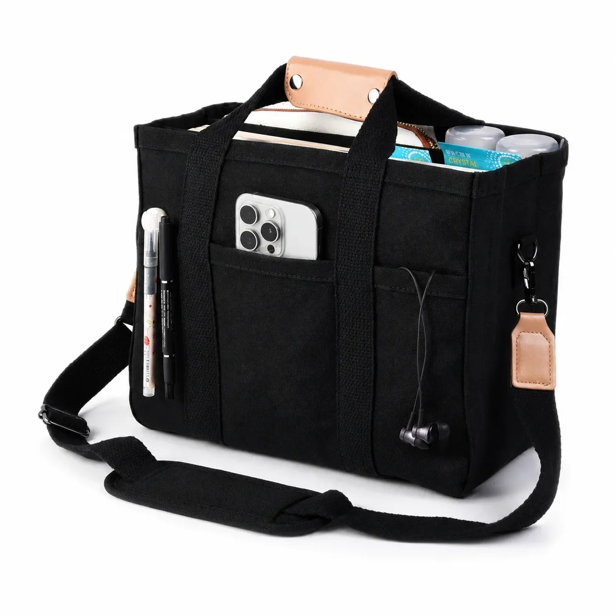 sac fourre-tout en toile de grande capacité avec plusieurs poches, bandoulière amovible pour le travail, l'école et les voyages
