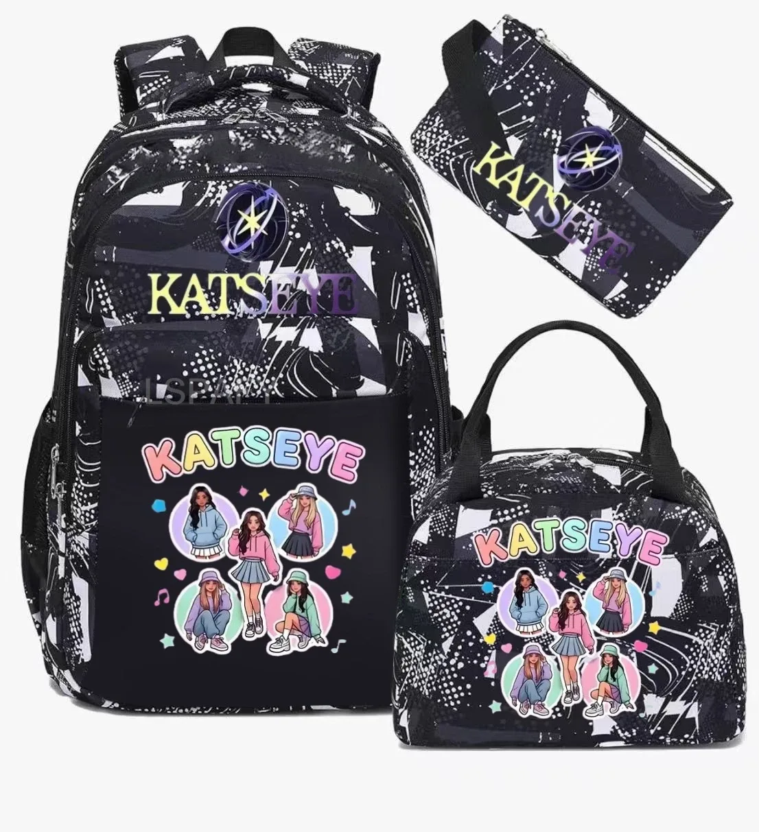 sacs d'école imprimés fashion katseye, ensemble de 3 pièces, sac à dos pour l'école primaire, garçons et filles, sac à dos de sport avec sac à lunch et trousse à crayons