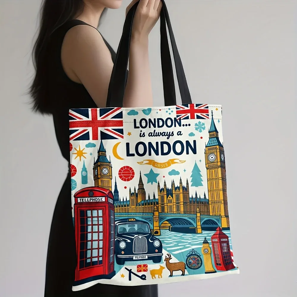 sac fourre-tout d'épicerie réutilisable pour femmes, design sur le thème de londres, big ben, cabines téléphoniques rouges, union jack, sac de courses en polyester de grande capacité