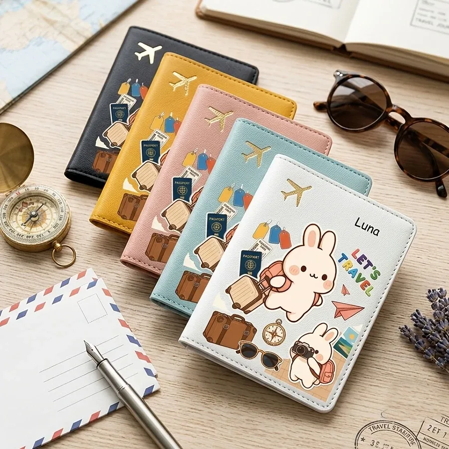 Housse de passeport à motif de lapin de dessin animé mignon, personnalisable avec nom et texte, rangement pour livre de passeport, accessoire de voyage, sac de passeport