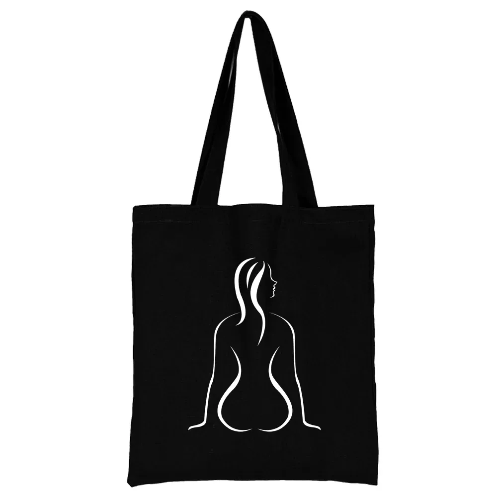 sac de shopping en toile noire pour femmes, fourre-tout décontracté réutilisable, sac à bandoulière à motif blanc imprimé, sac à main pliable de grande capacité