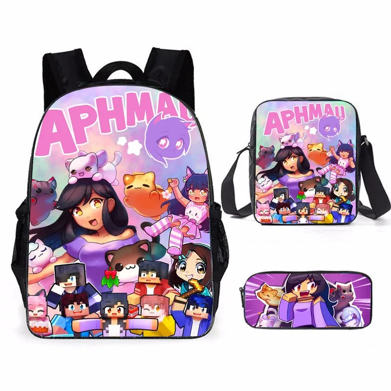 aphmau mochila-sac d'école pour étudiants sr, sac de rangement pour ordinateur portable de voyage, sacs à livres, sac à crayons cosplay, ensemble de 3 pièces