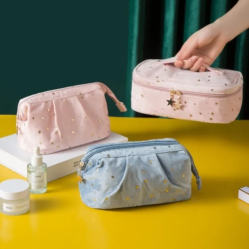 trousse de toilette de voyage grande capacité en velours motif étoiles bronzées, sac de rangement cosmétique en forme de coquille cubique pour femme