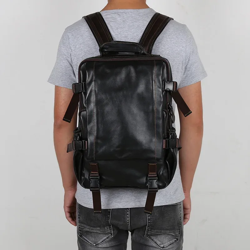 sac à dos vintage en cuir de vachette pour homme, grande capacité, avec fermeture éclair et boucle, sacoche décontractée en cuir pour ordinateur portable 15 pouces