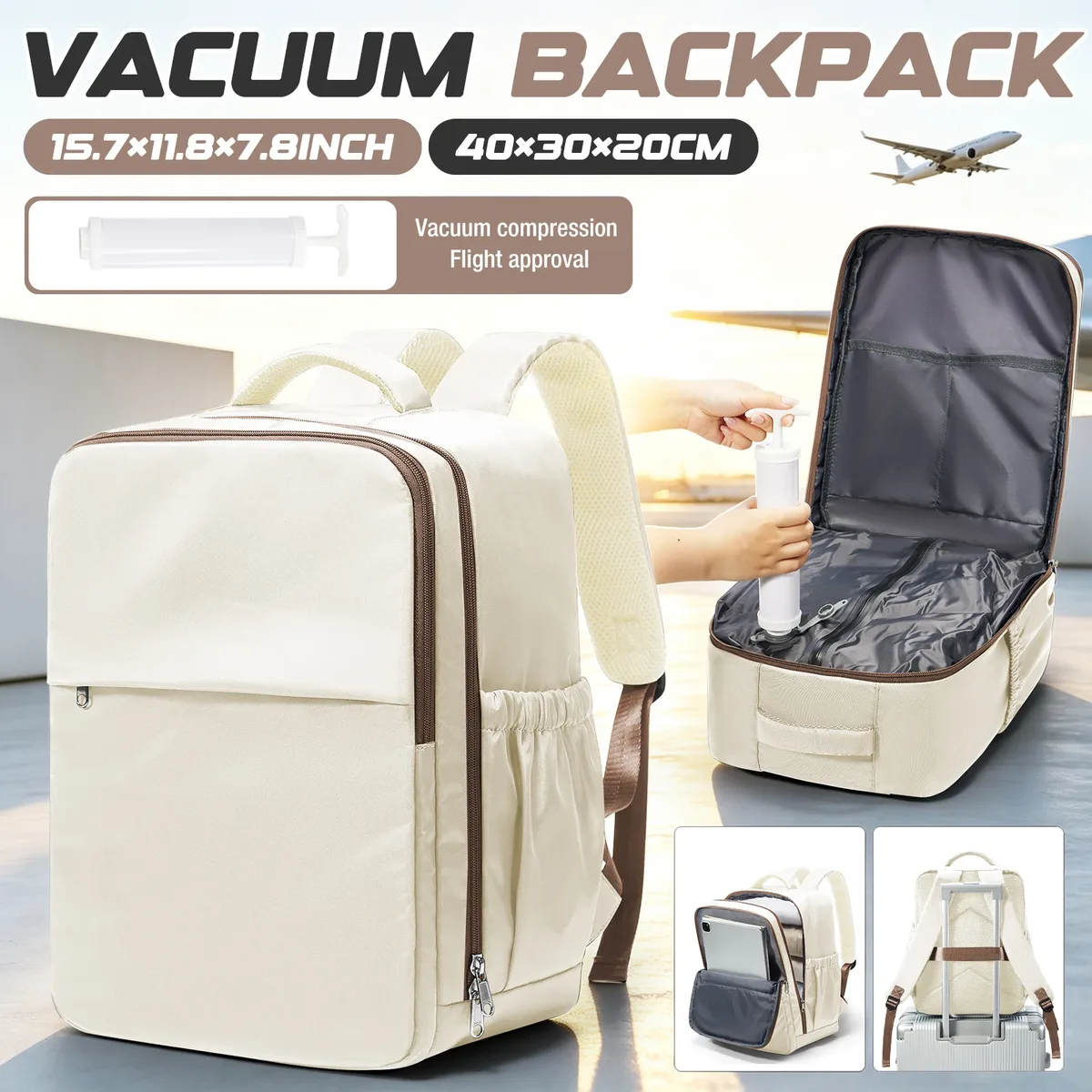 sac à dos de voyage sous vide avec pompe manuelle, compatible ryanair, 40x30x20, pour ordinateur portable, école, avion, bagage à main
