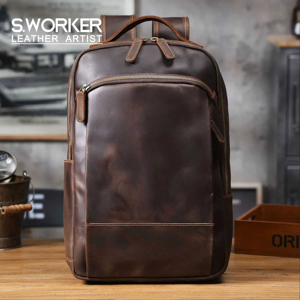 S.WORKER – sac à dos vintage en cuir véritable, sac pour ordinateur portable de 16 pouces, sac d'école en cuir Crazy-horse, sac à bandoulière pour voyage en plein air, sac de week-end