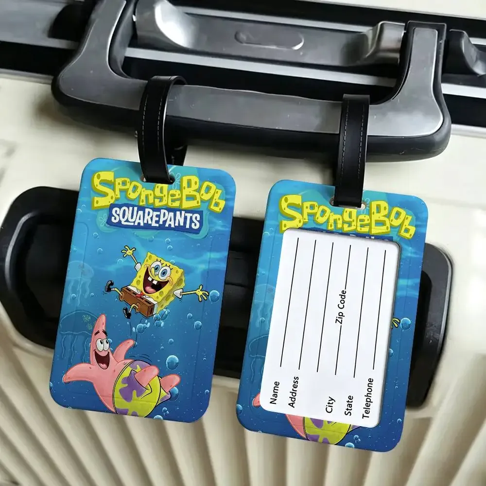 étiquette d'identification de bagage anti-perte en pvc, motif classique de dessin animé s-spongebob, avec porte-carte d'informations amovible, étiquette de bagage de voyage.