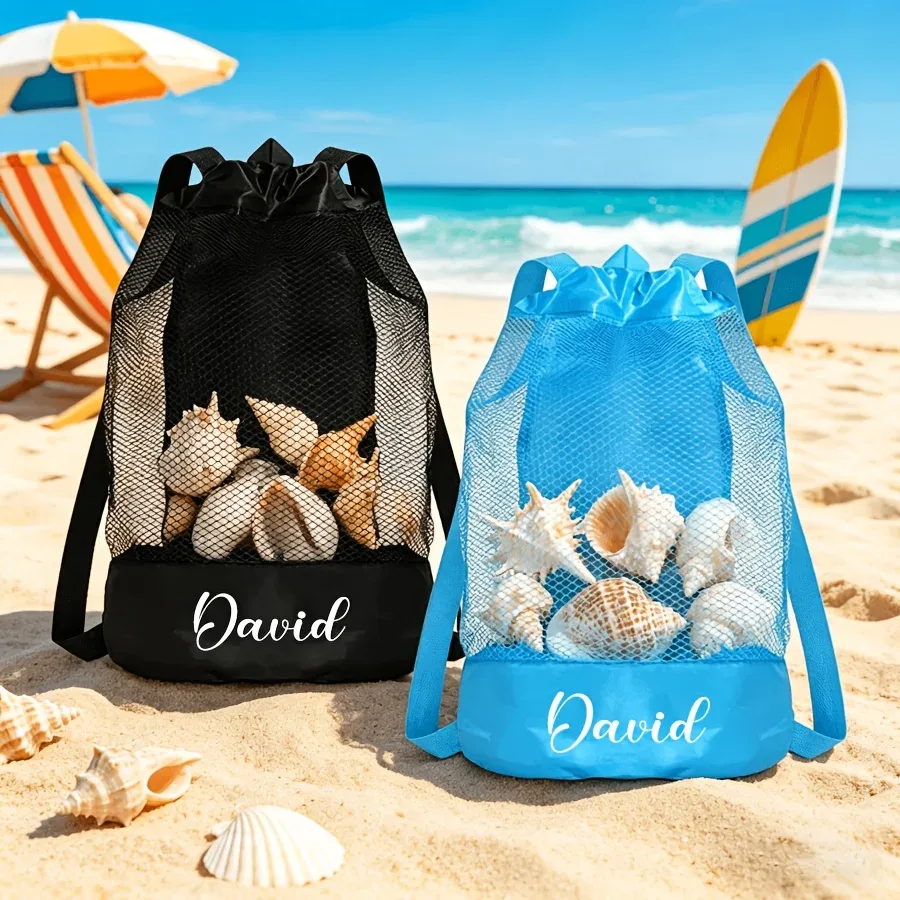 1 sac de sport personnalisable avec cordon de serrage et nom, sac de rangement pour la plage, poches en filet de grande capacité, sac à dos de voyage multifonctionnel