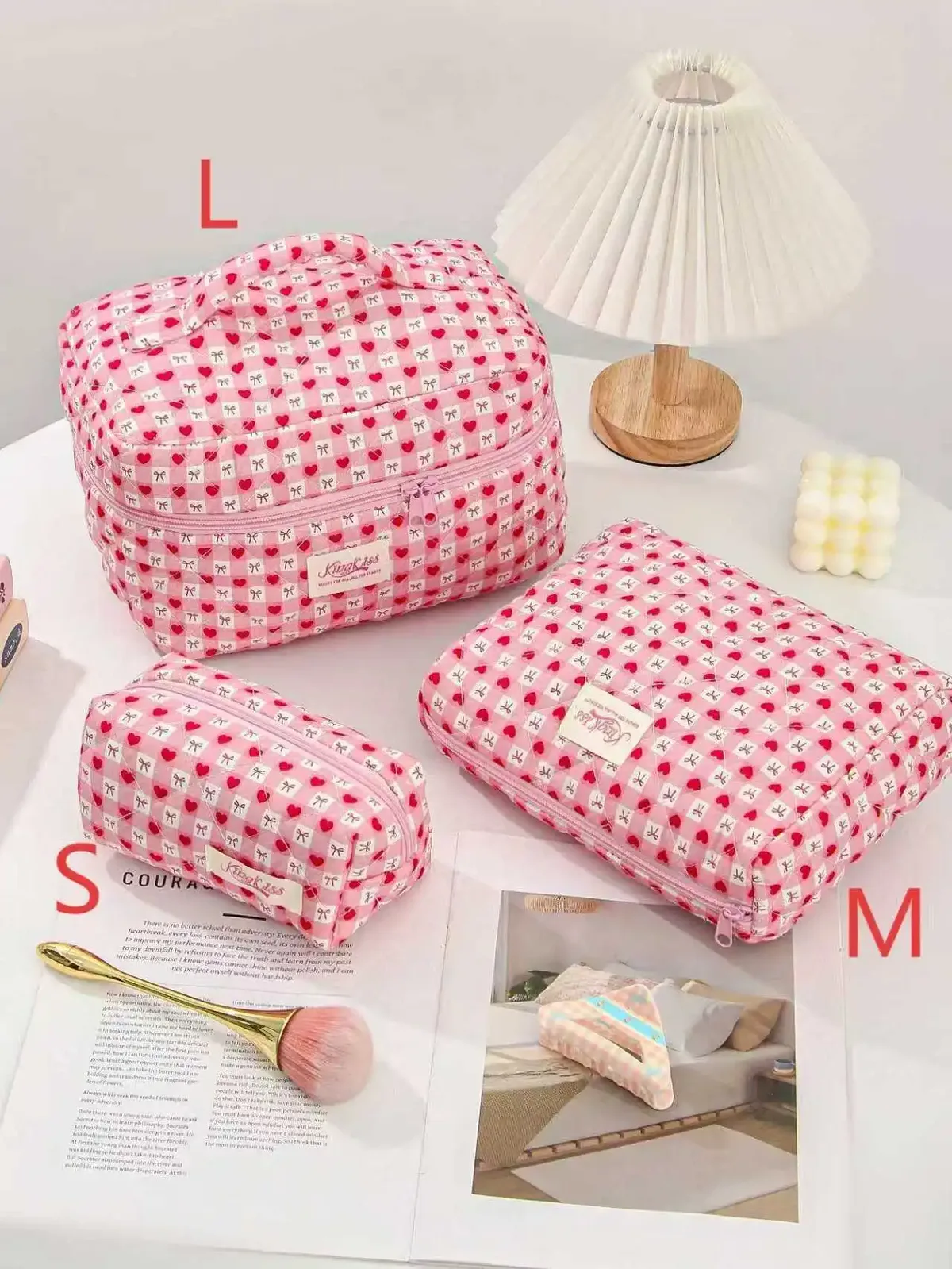 sac de maquillage en coton matelassé pour femmes, 1 pièce, mignon, fermeture éclair, organisateur de cosmétiques, sac à main en tissu en forme de boîte, trousse de toilette portable pour filles