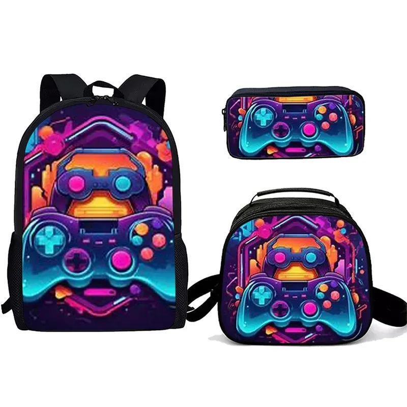 Sac à dos tendance pour étudiants, imprimé 3D, 3 pièces/ensemble, avec sac à bandoulière, sac à déjeuner et trousse à crayons, pour ordinateur portable et console de jeux populaire