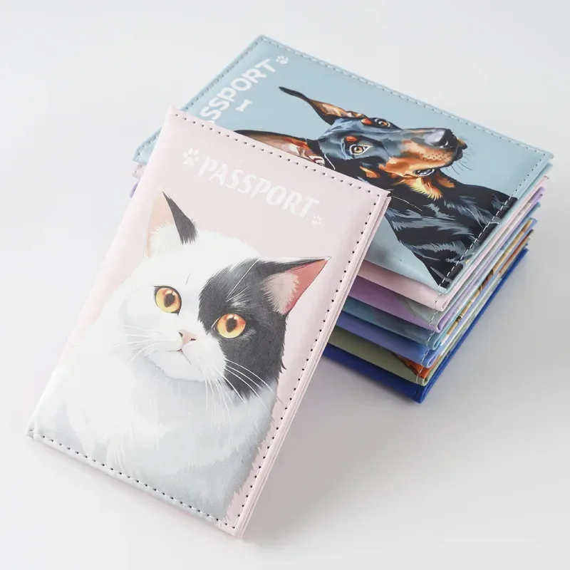 Porte-passeport imprimé chien chat mignon, portefeuille de voyage, couverture de passeport, portefeuille de passeport, porte-carte d'identité, accessoires de voyage