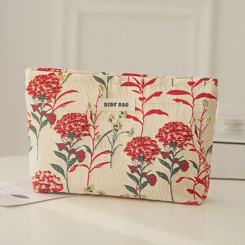 trousse de maquillage couleur crème avec broderie florale, trousse de toilette de voyage de grande capacité, pochette cosmétique élégante pour femmes, sac à main mignon